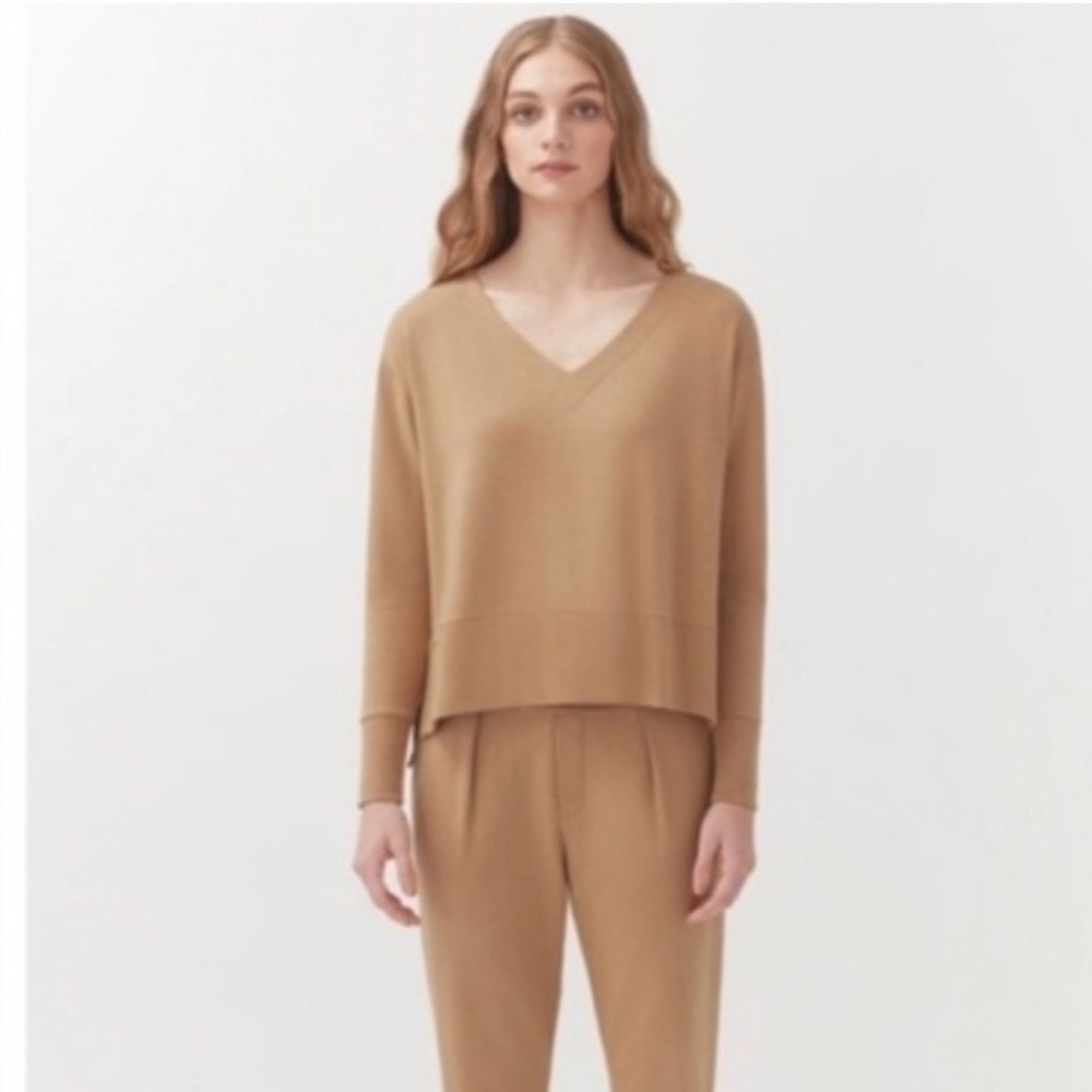 CUYANA French Terry Soft V Neck Pullover Size XS Brown